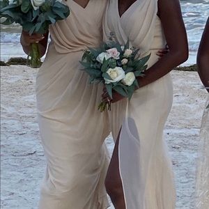 2 Beige bridesmaid dresses.
